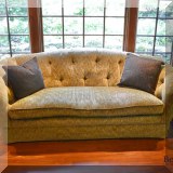 F01. Custom upholstered sofa with gold chenile fabric. 37”h x 91”w x 44”d - $725 